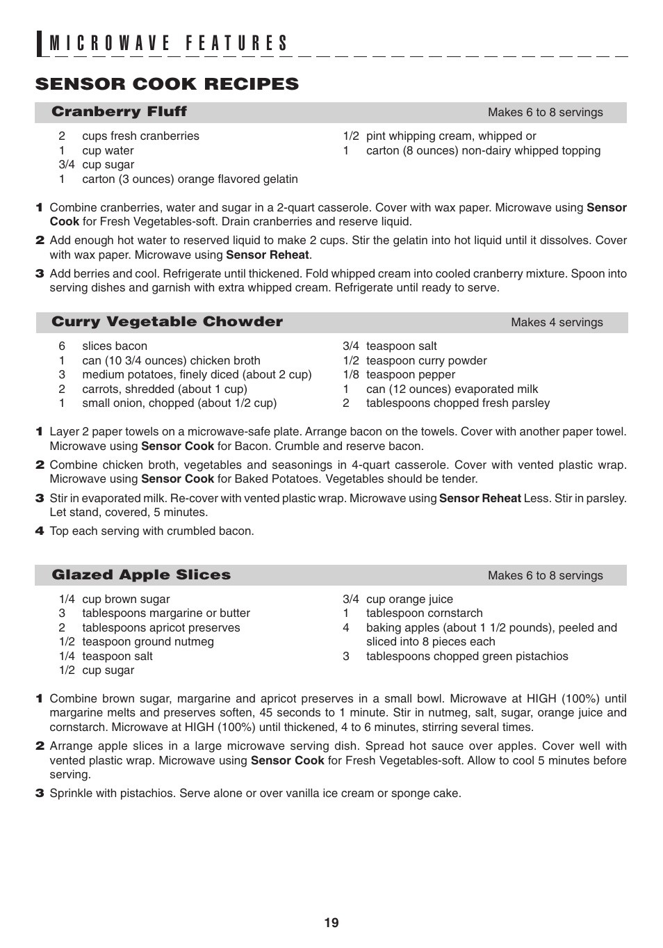 Sensor cook recipes | Sony R1880L User Manual | Page 19 / 32