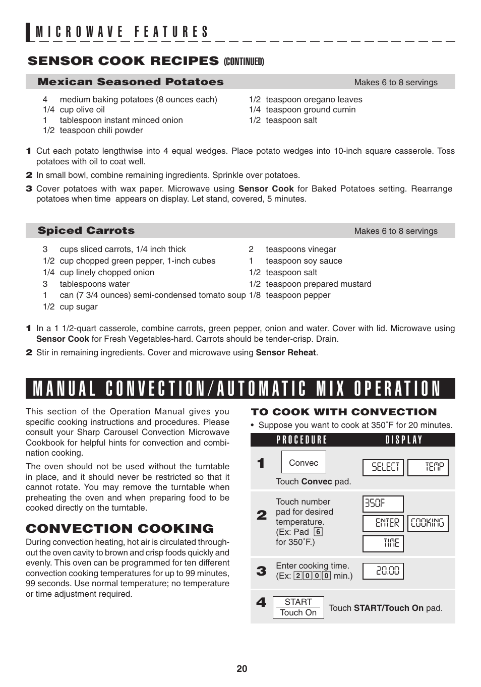 Sensor cook recipes, Convection cooking | Sony R1880L User Manual | Page 20 / 32