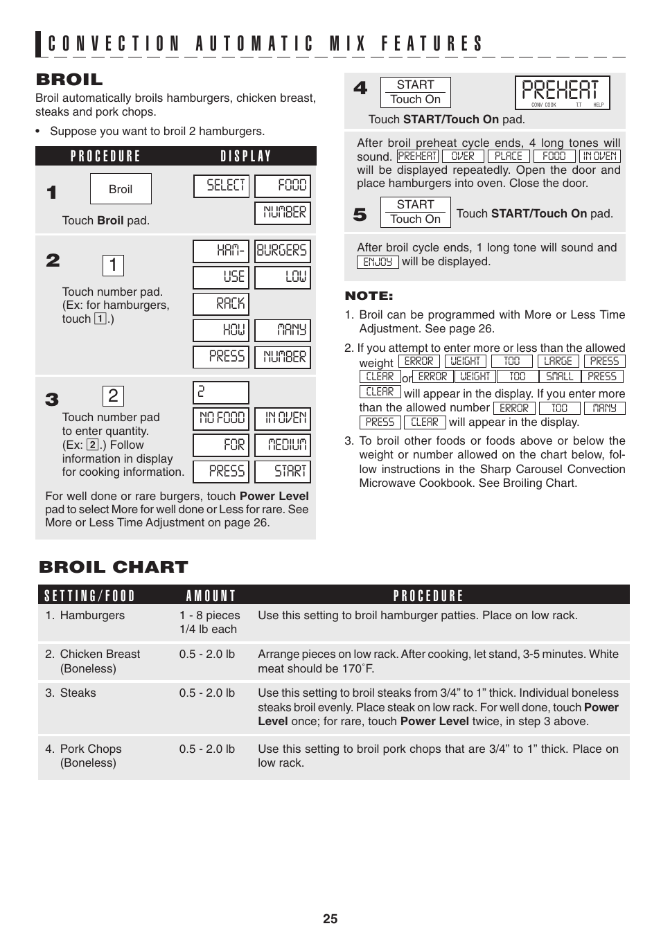 Preheat, Broil chart, Broil | Sony R1880L User Manual | Page 25 / 32