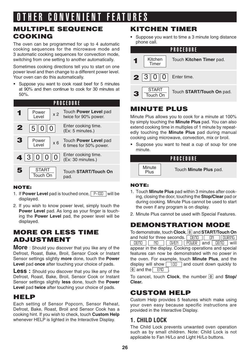 Multiple sequence cooking, More or less time adjustment, Help | Kitchen timer, Minute plus, Demonstration mode, Custom help | Sony R1880L User Manual | Page 26 / 32