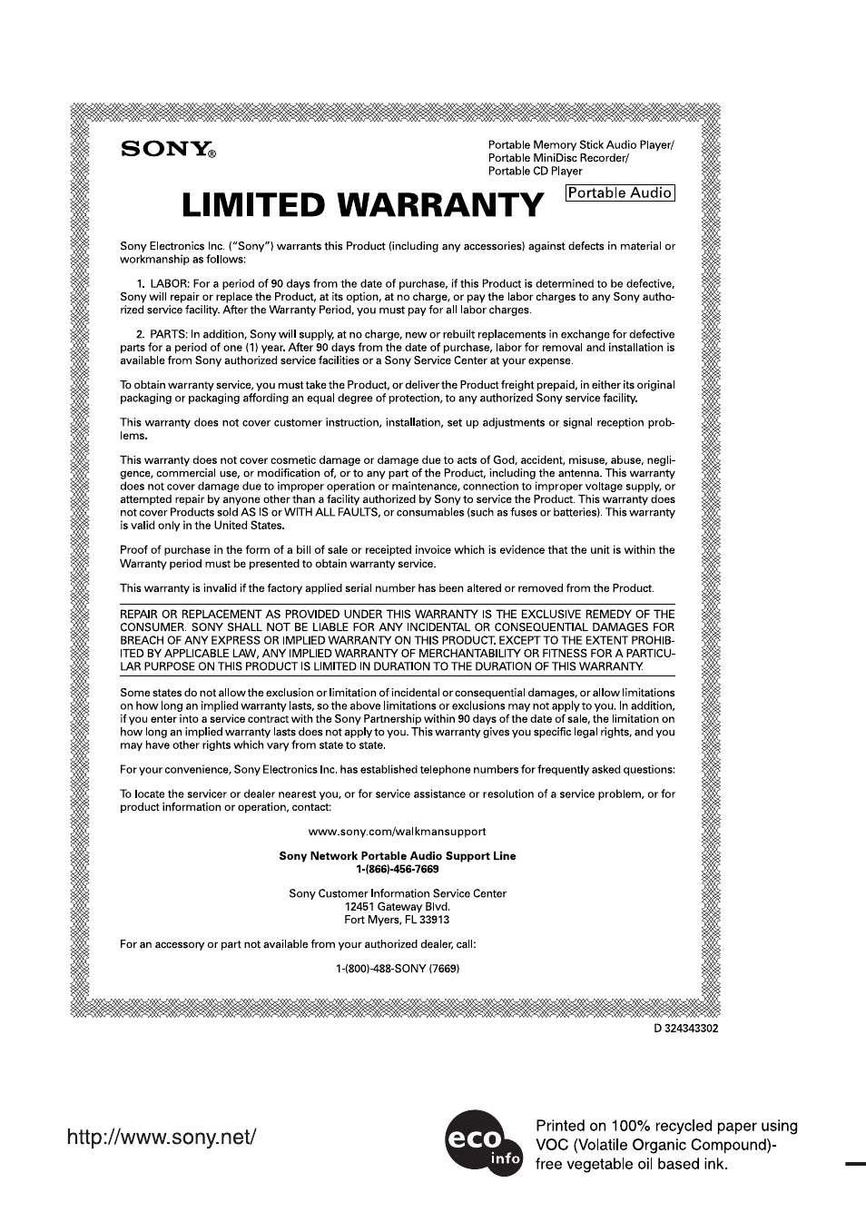 This warranty is valid only in the united states | Sony MZ-N10 User Manual | Page 136 / 136