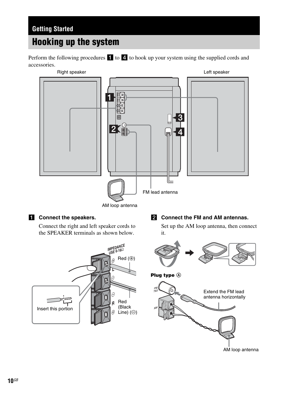 Getting started, Hooking up the system | Sony CMT-HPZ9 User Manual | Page 10 / 40