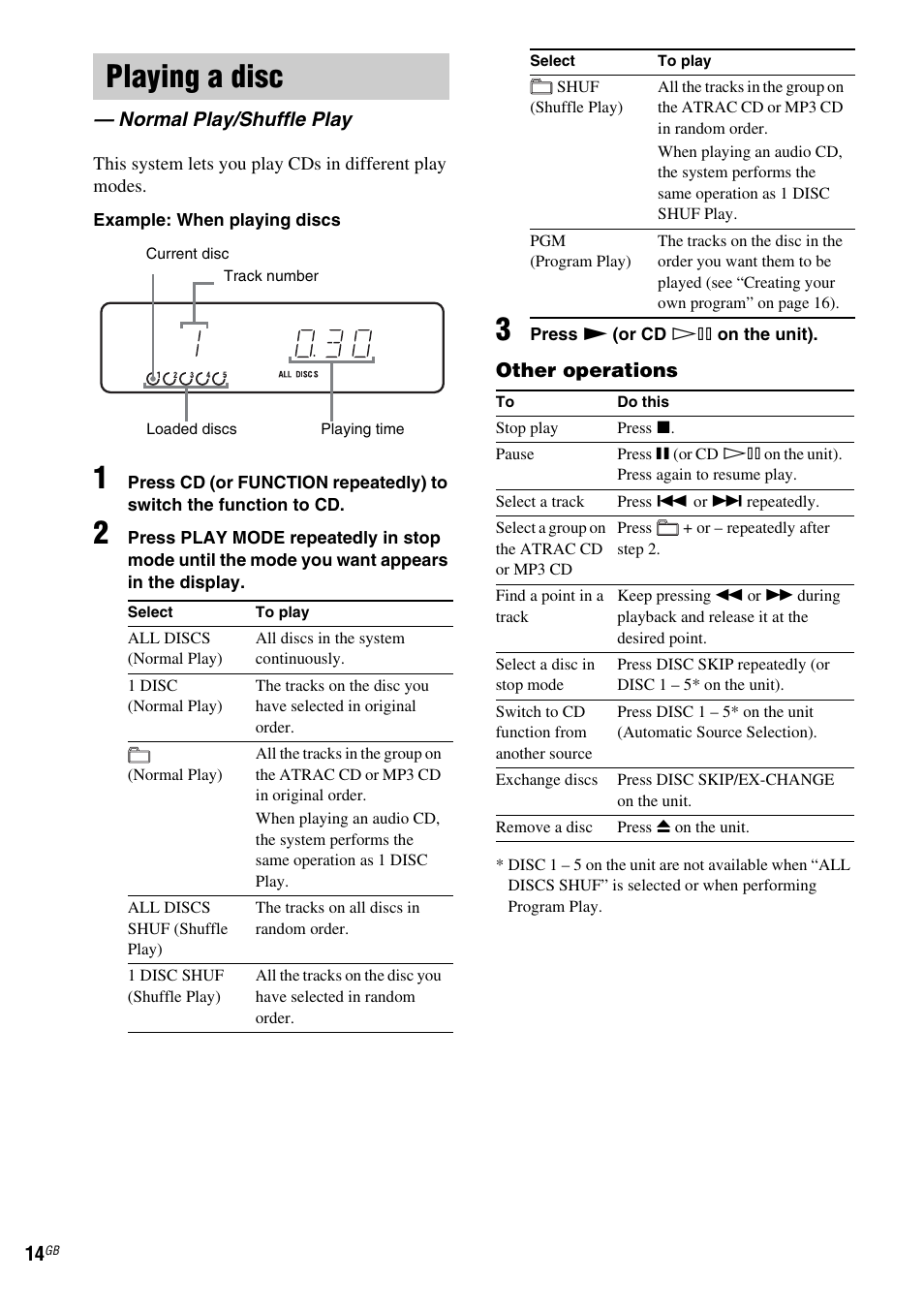 Playing a disc, Normal play/shuffle play | Sony CMT-HPZ9 User Manual | Page 14 / 40