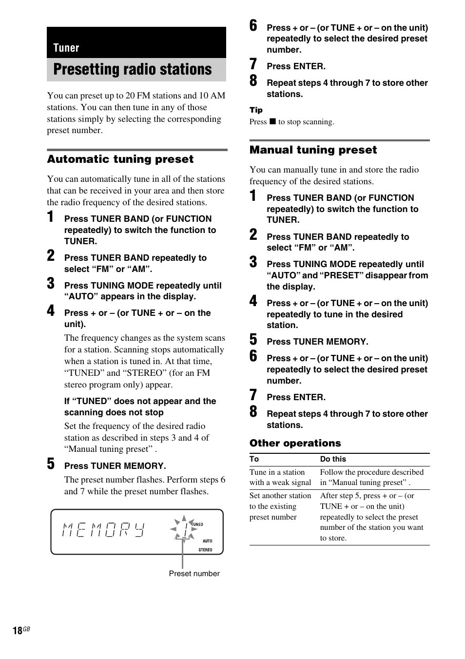 Tuner, Presetting radio stations | Sony CMT-HPZ9 User Manual | Page 18 / 40