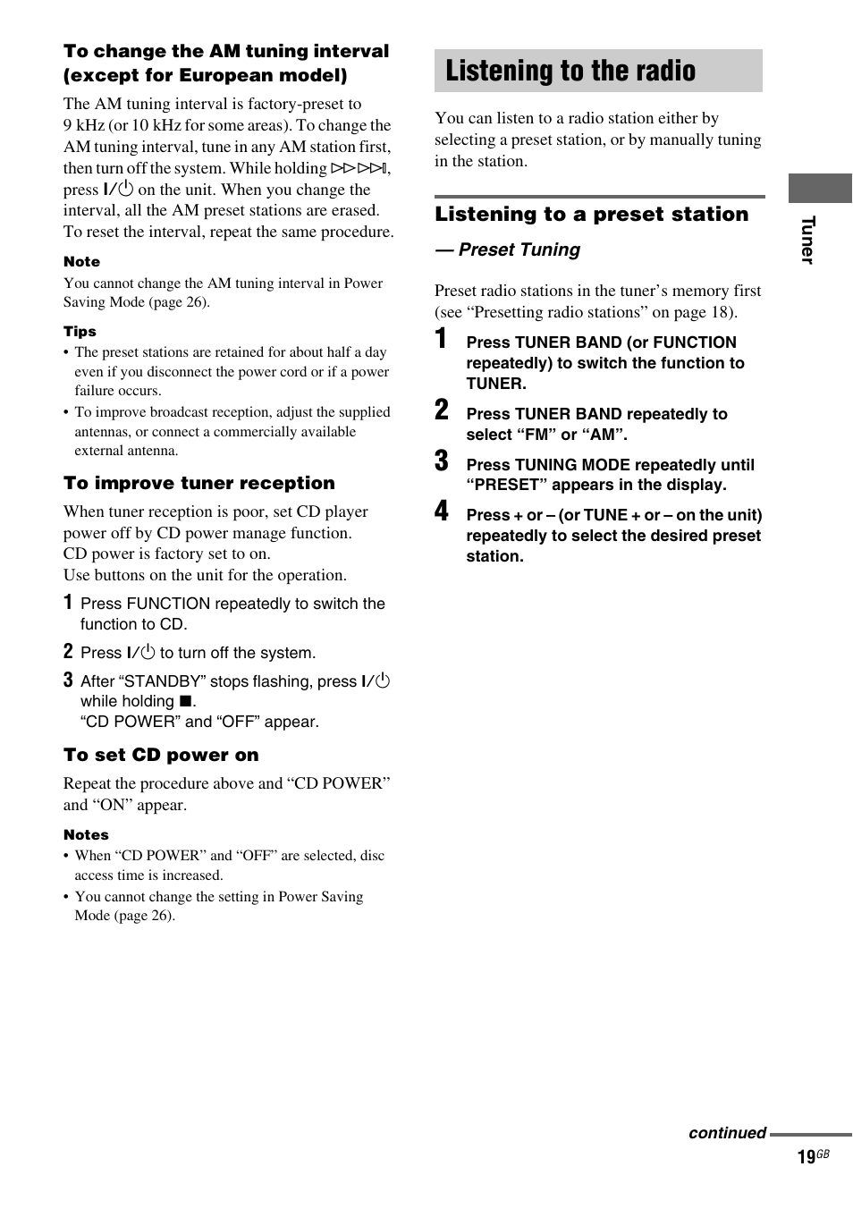 Listening to the radio, Preset tuning | Sony CMT-HPZ9 User Manual | Page 19 / 40