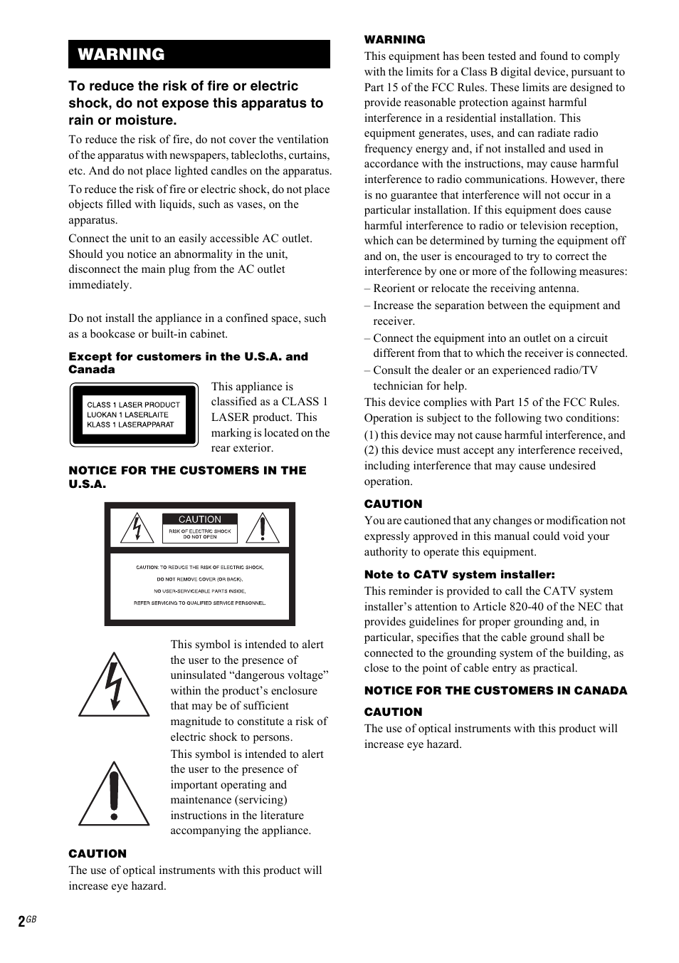 Warning | Sony CMT-HPZ9 User Manual | Page 2 / 40