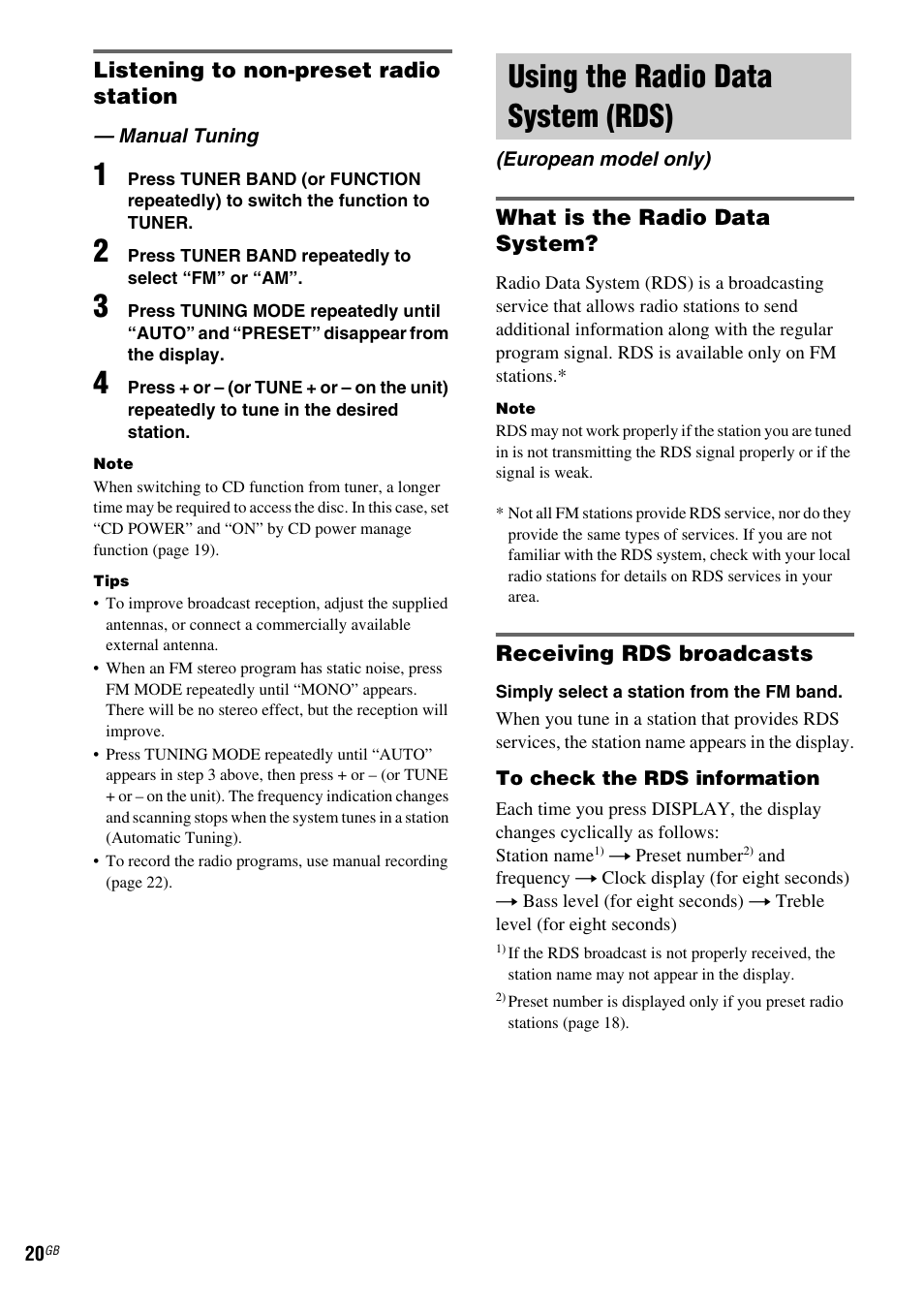 Manual tuning, Using the radio data system (rds), European model only) | Sony CMT-HPZ9 User Manual | Page 20 / 40