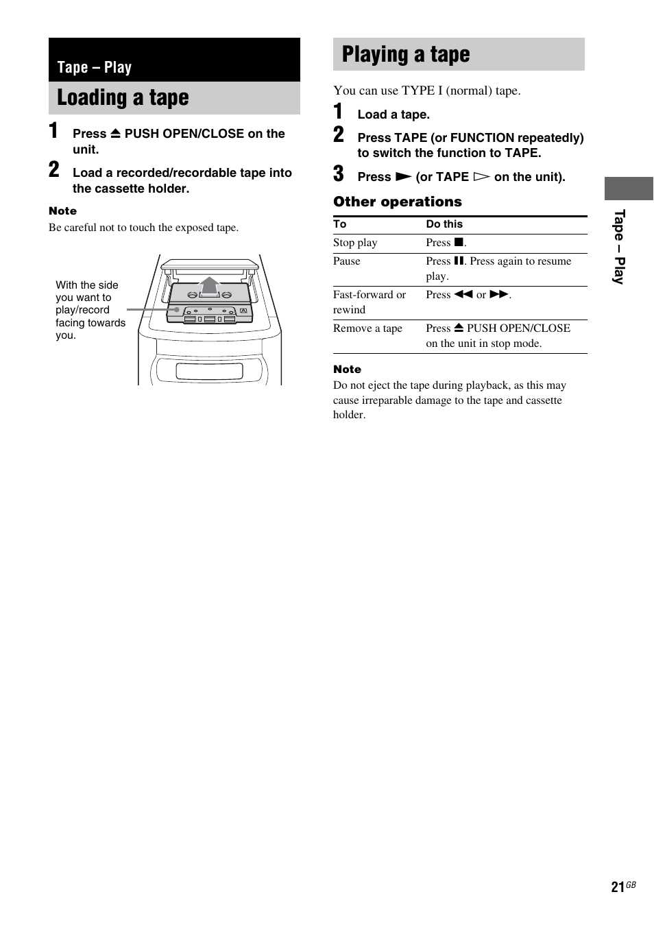 Tape - play, Loading a tape, Playing a tape | Tape – play, Loading a tape playing a tape | Sony CMT-HPZ9 User Manual | Page 21 / 40