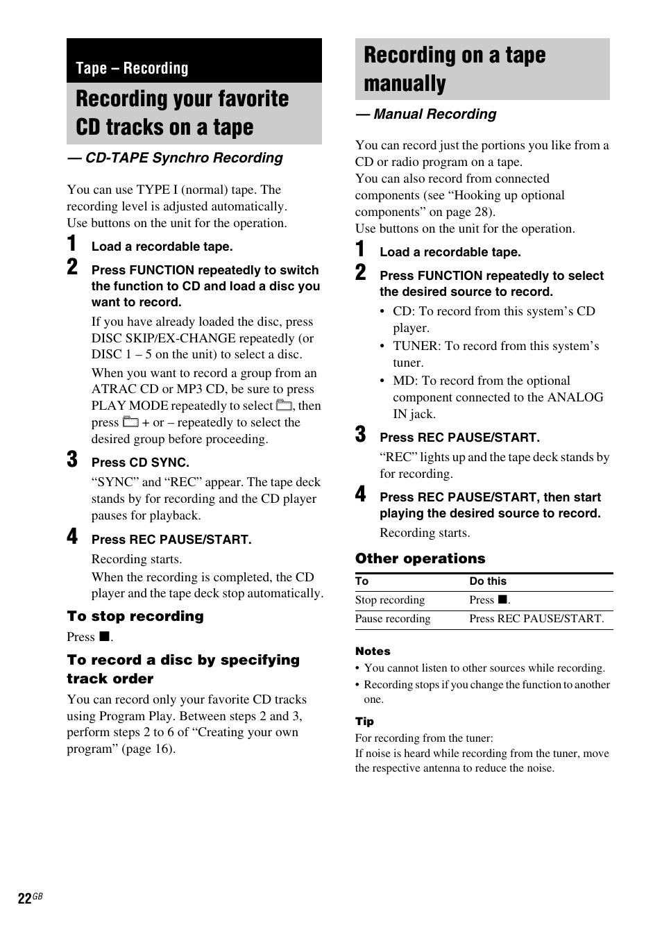 Tape - recording, Recording your favorite cd tracks on a tape, Cd-tape synchro recording | Recording on a tape manually, Manual recording, Tape – recording, Recording your favorite cd tracks on a, Tape — cd-tape synchro recording | Sony CMT-HPZ9 User Manual | Page 22 / 40