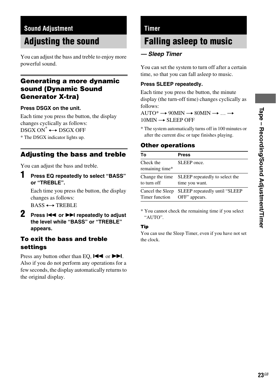 Sound adjustment, Adjusting the sound, Timer | Falling asleep to music, Sleep timer | Sony CMT-HPZ9 User Manual | Page 23 / 40