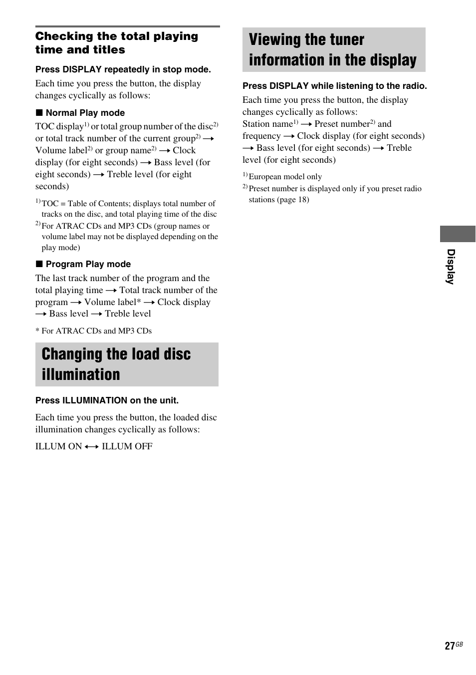 Changing the load disc illumination, Viewing the tuner information in the display, Display | Checking the total playing time and titles | Sony CMT-HPZ9 User Manual | Page 27 / 40