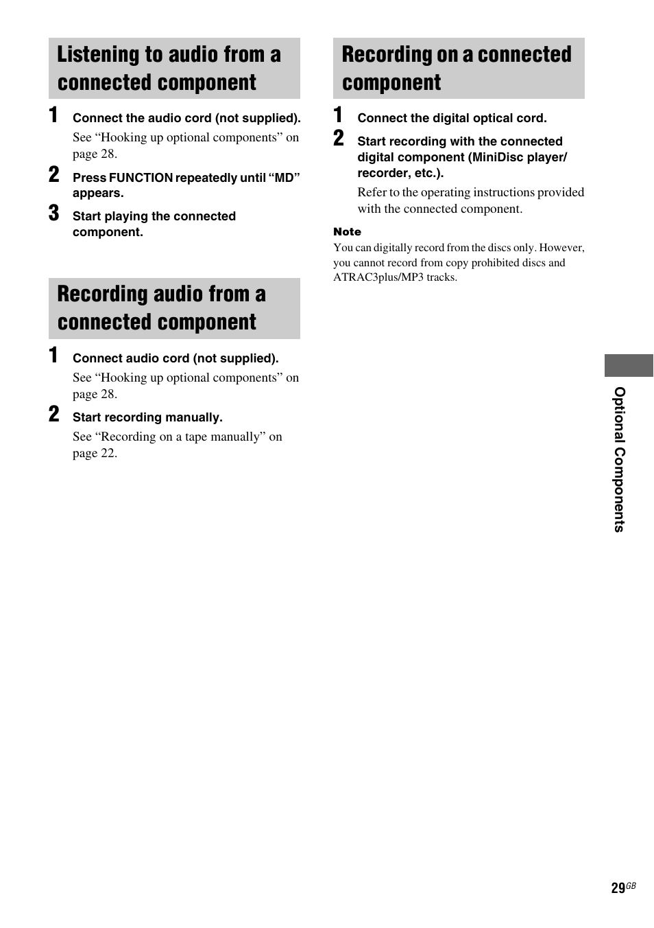 Listening to audio from a connected component, Recording audio from a connected component, Recording on a connected component | Listening to audio from a connected, Component, Recording audio from a connected, Recording on a connected | Sony CMT-HPZ9 User Manual | Page 29 / 40