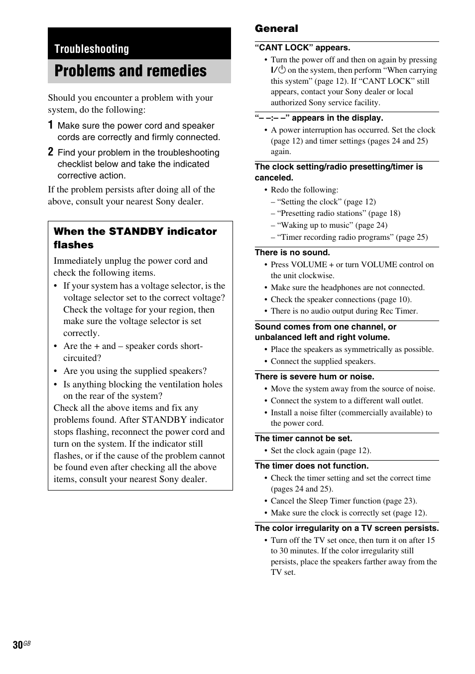 Troubleshooting, Problems and remedies | Sony CMT-HPZ9 User Manual | Page 30 / 40