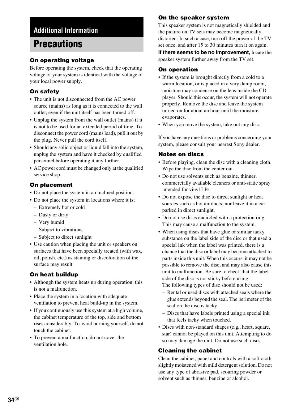 Additional information, Precautions | Sony CMT-HPZ9 User Manual | Page 34 / 40