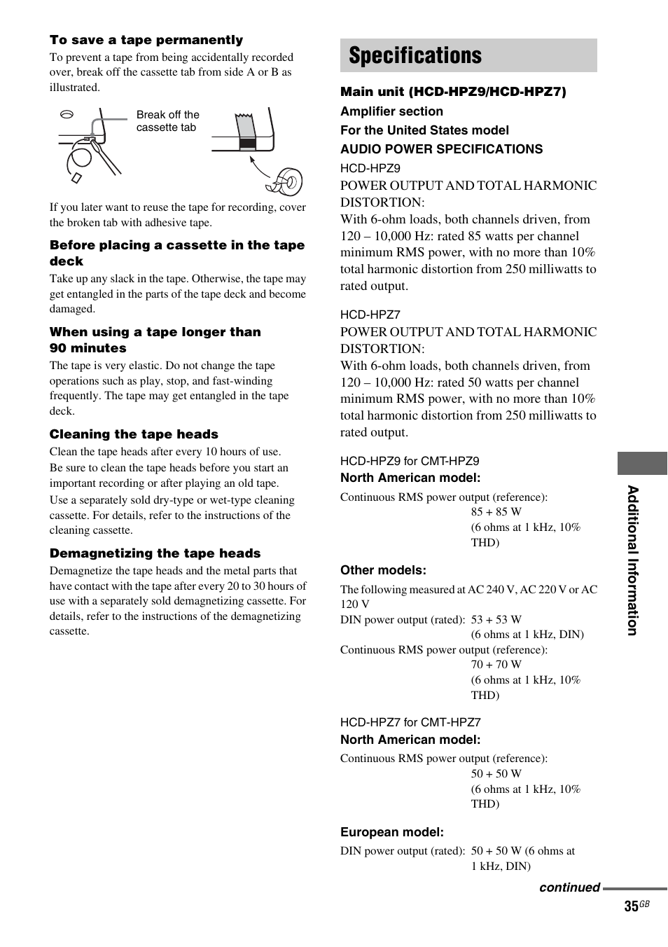 Specifications | Sony CMT-HPZ9 User Manual | Page 35 / 40