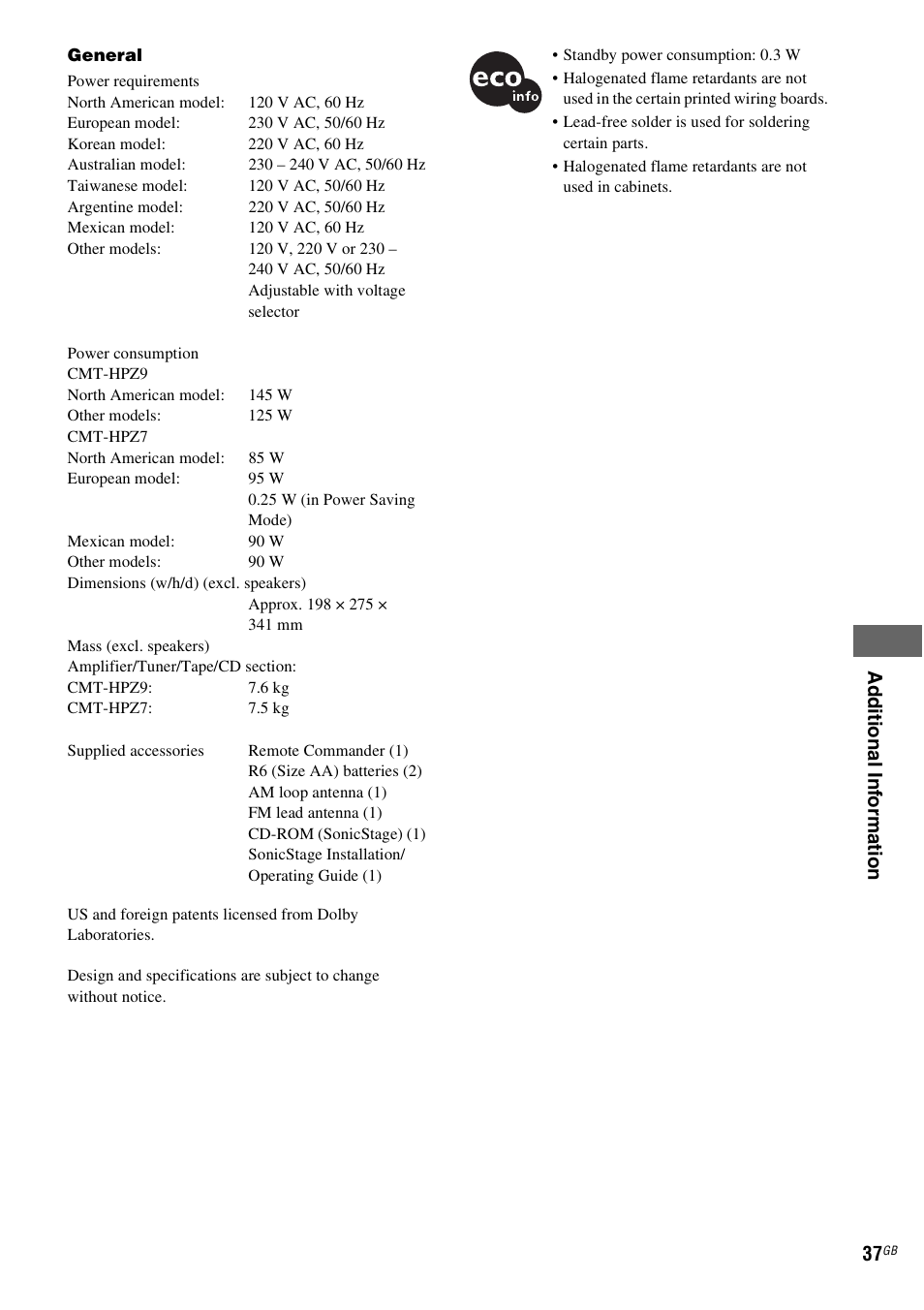 Ad d itiona l in fo rm atio n 37 | Sony CMT-HPZ9 User Manual | Page 37 / 40