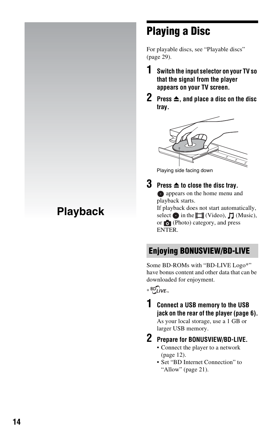 Playback, Playing a disc, Playback playing a disc | Enjoying bonusview/bd-live | Sony 4-169-142-11(1) User Manual | Page 14 / 35