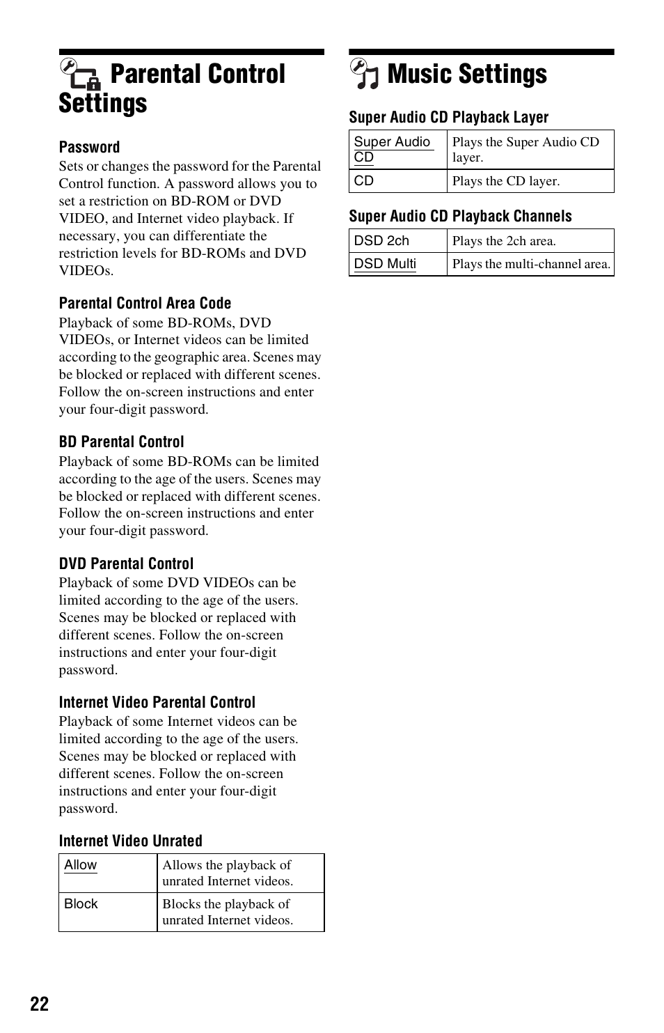 Parental control settings, Music settings, Parental control settings music settings | Sony 4-169-142-11(1) User Manual | Page 22 / 35