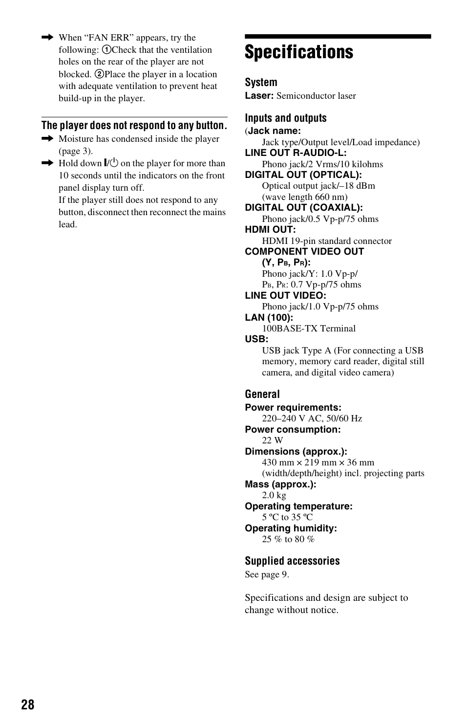 Specifications | Sony 4-169-142-11(1) User Manual | Page 28 / 35