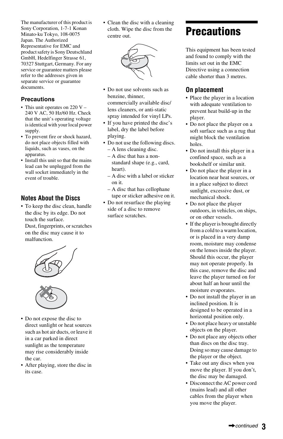 Precautions, On placement | Sony 4-169-142-11(1) User Manual | Page 3 / 35