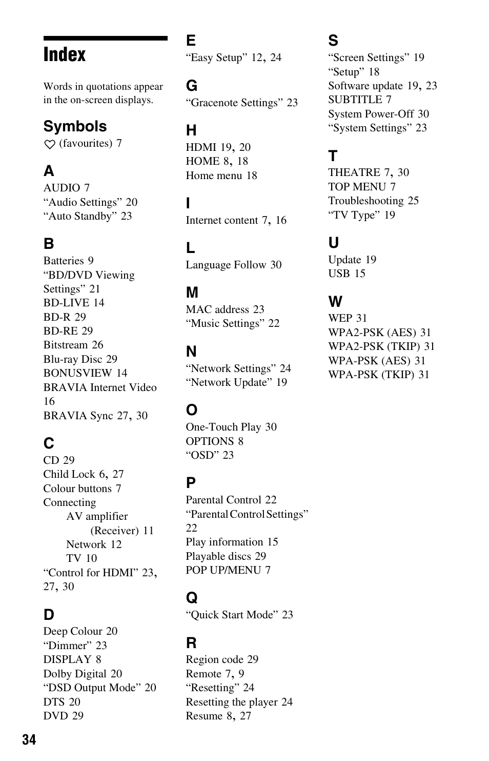 Index, Symbols | Sony 4-169-142-11(1) User Manual | Page 34 / 35