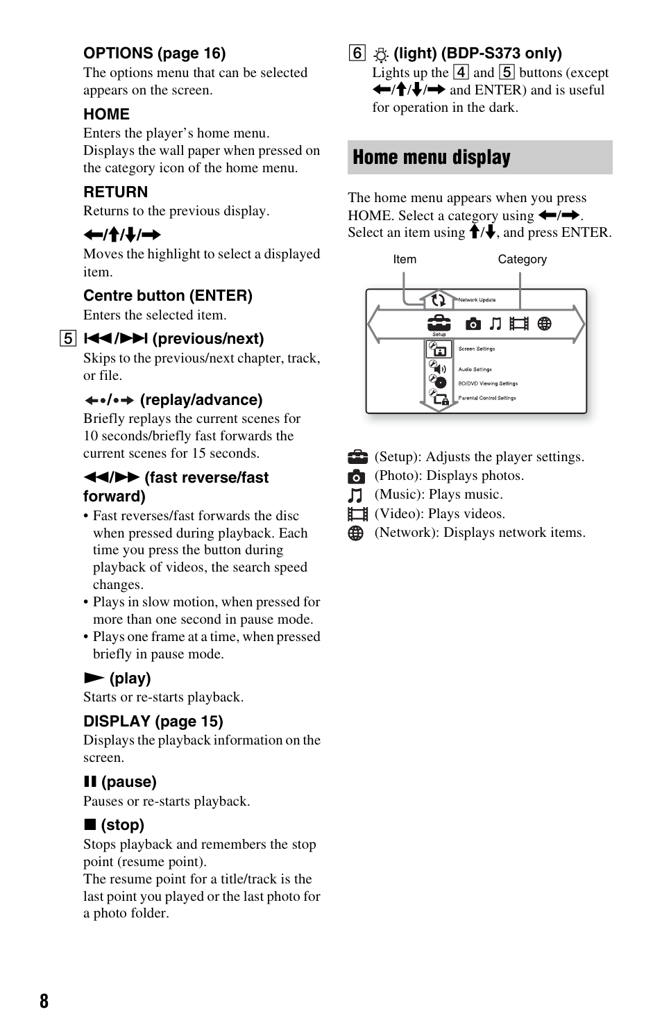 Home menu display | Sony 4-169-142-11(1) User Manual | Page 8 / 35