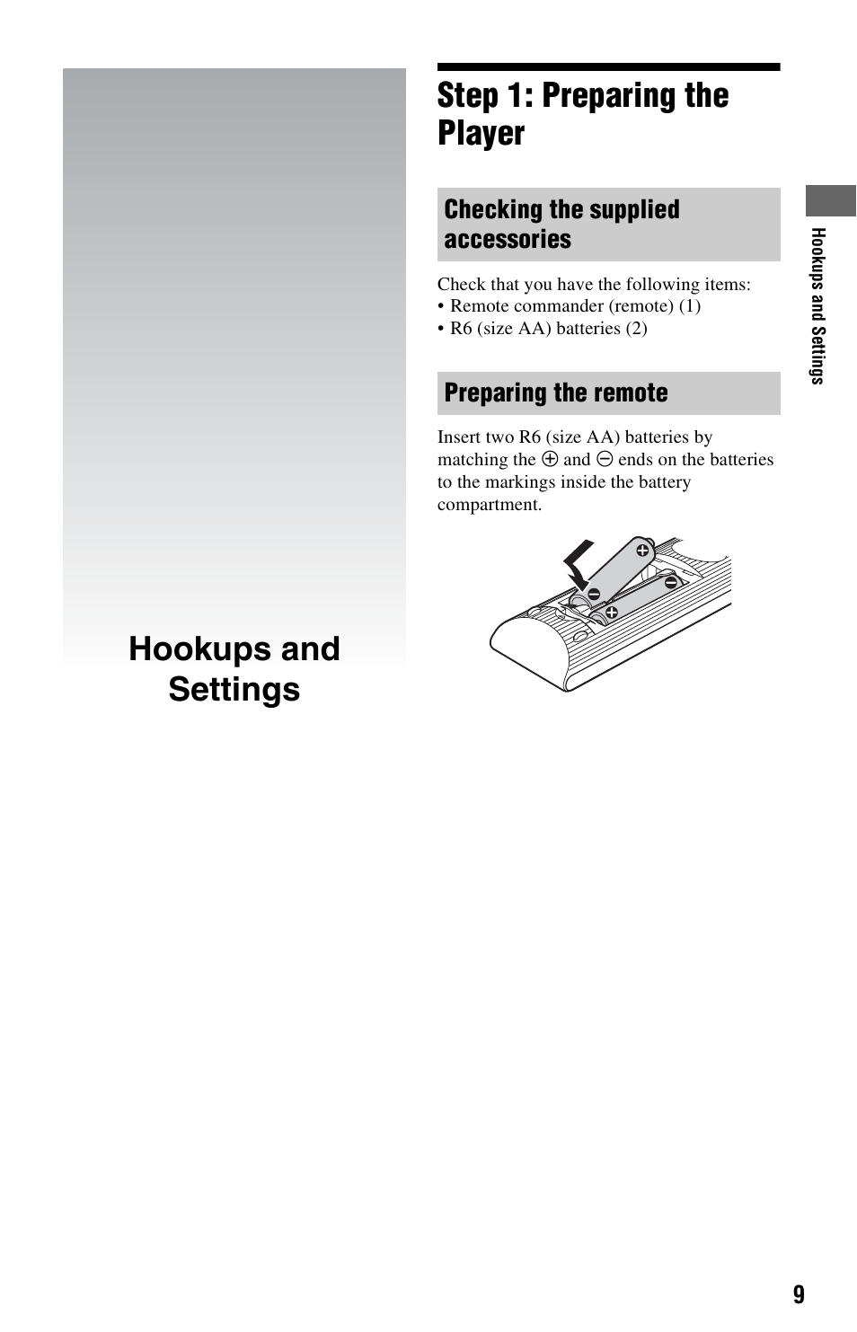 Hookups and settings, Step 1: preparing the player, Hookups and settings step 1: preparing the player | Sony 4-169-142-11(1) User Manual | Page 9 / 35