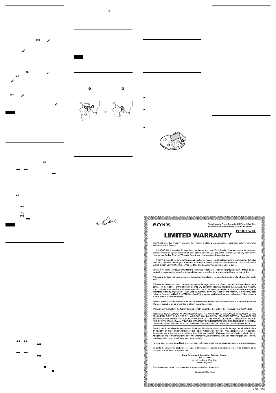 Playing your favorite tracks by adding bookmarks, Playing tracks in your favorite order, Other functions | Wearing the supplied headphones, Precautions, Maintenance, Troubleshooting, Specifications, Supplied accessories | Sony D-EJ100 User Manual | Page 2 / 2