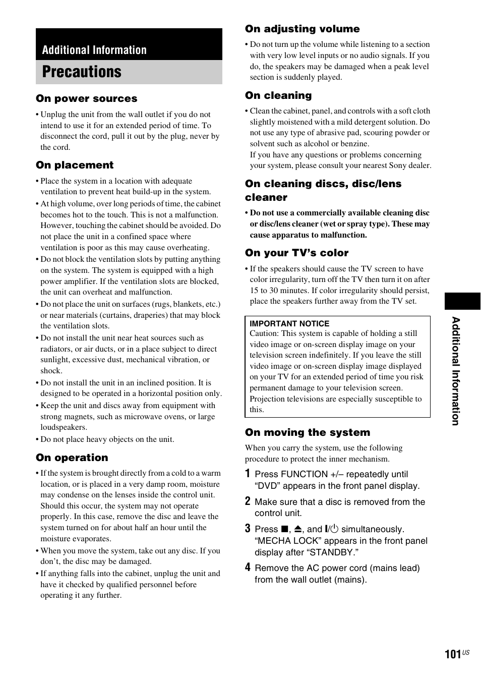 Additional information, Precautions | Sony DAVLF1H User Manual | Page 101 / 127