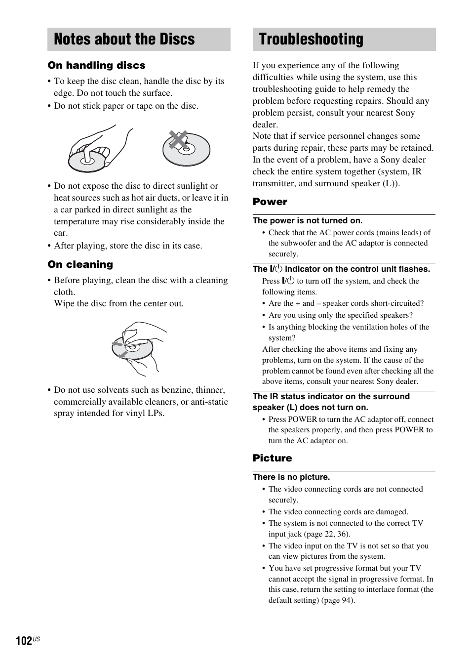 Notes about the discs, Troubleshooting, Notes about the discs troubleshooting | Sony DAVLF1H User Manual | Page 102 / 127