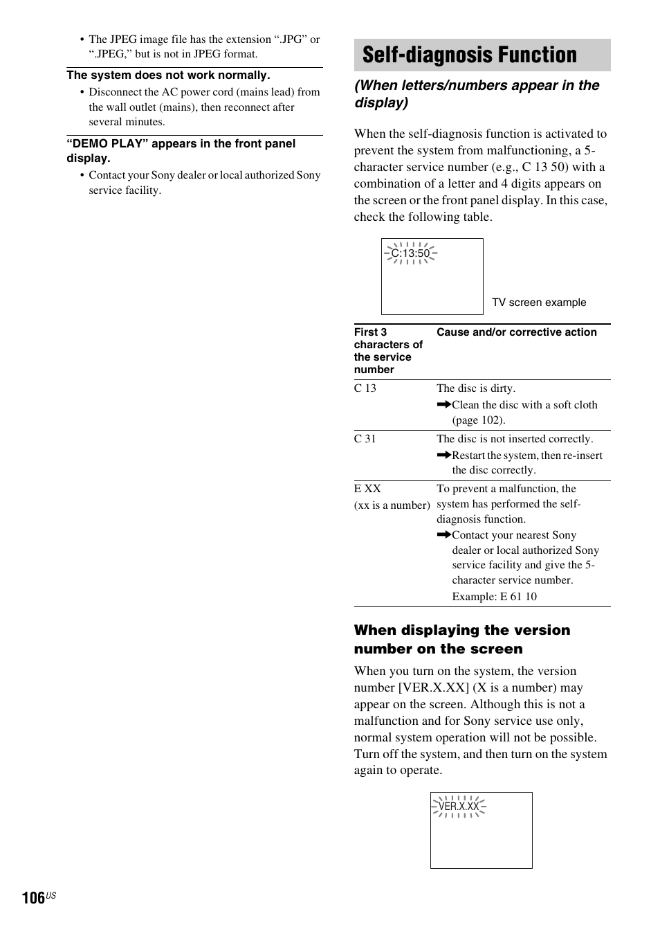 Self-diagnosis function, When letters/numbers appear in the display) | Sony DAVLF1H User Manual | Page 106 / 127