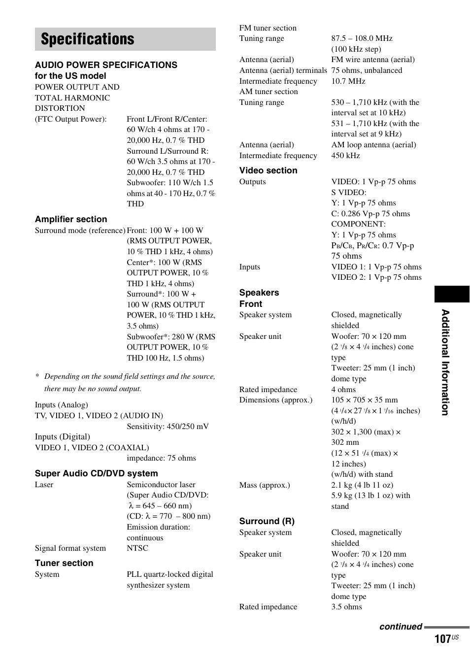 Specifications, Ad dition al i n fo rm atio n | Sony DAVLF1H User Manual | Page 107 / 127