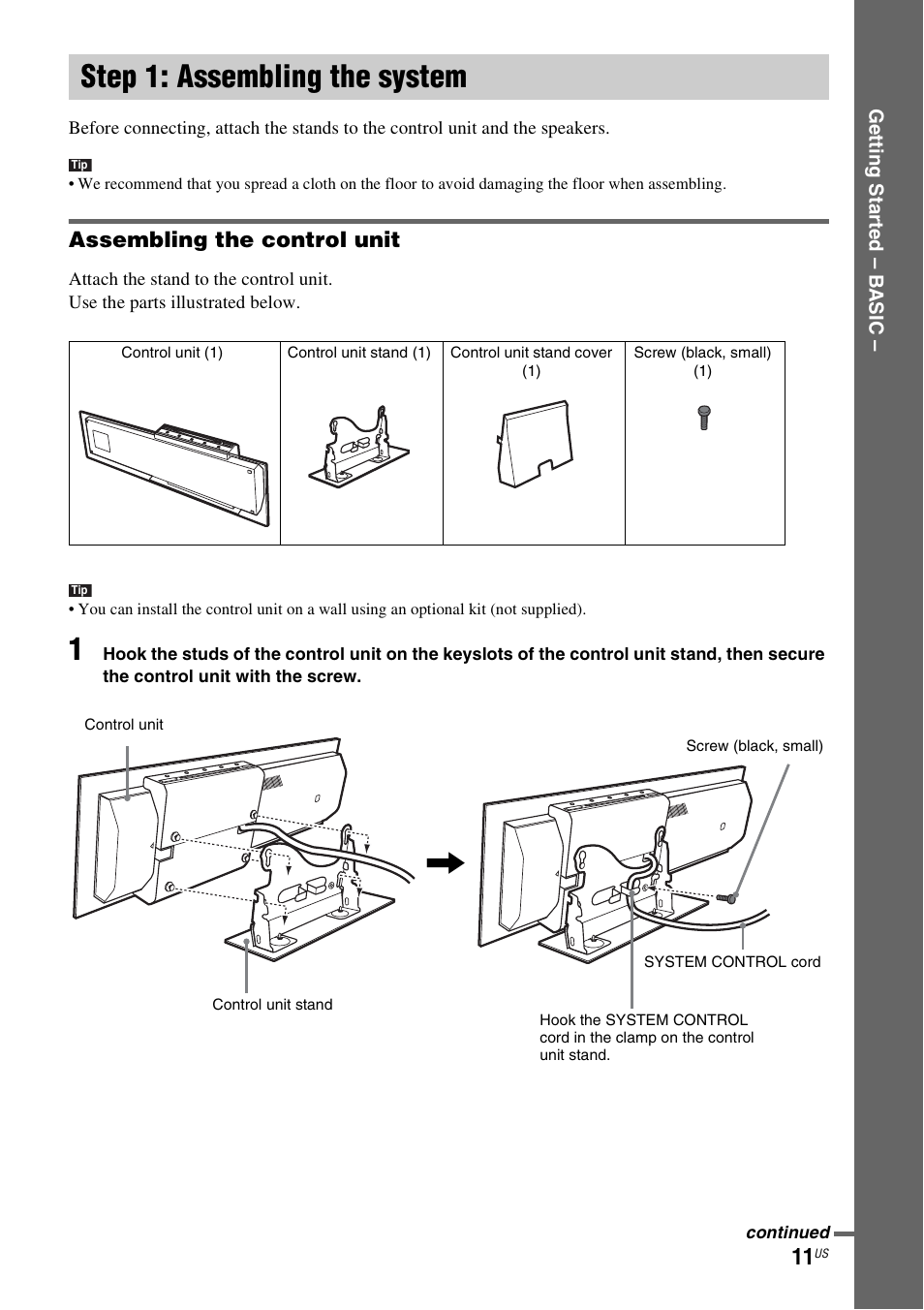 Step 1: assembling the system, Assembling the control unit | Sony DAVLF1H User Manual | Page 11 / 127