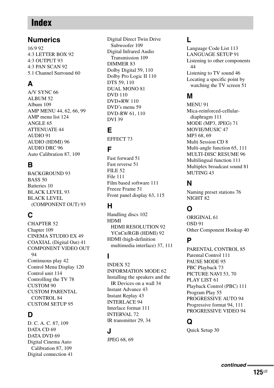 Index, Numerics | Sony DAVLF1H User Manual | Page 125 / 127