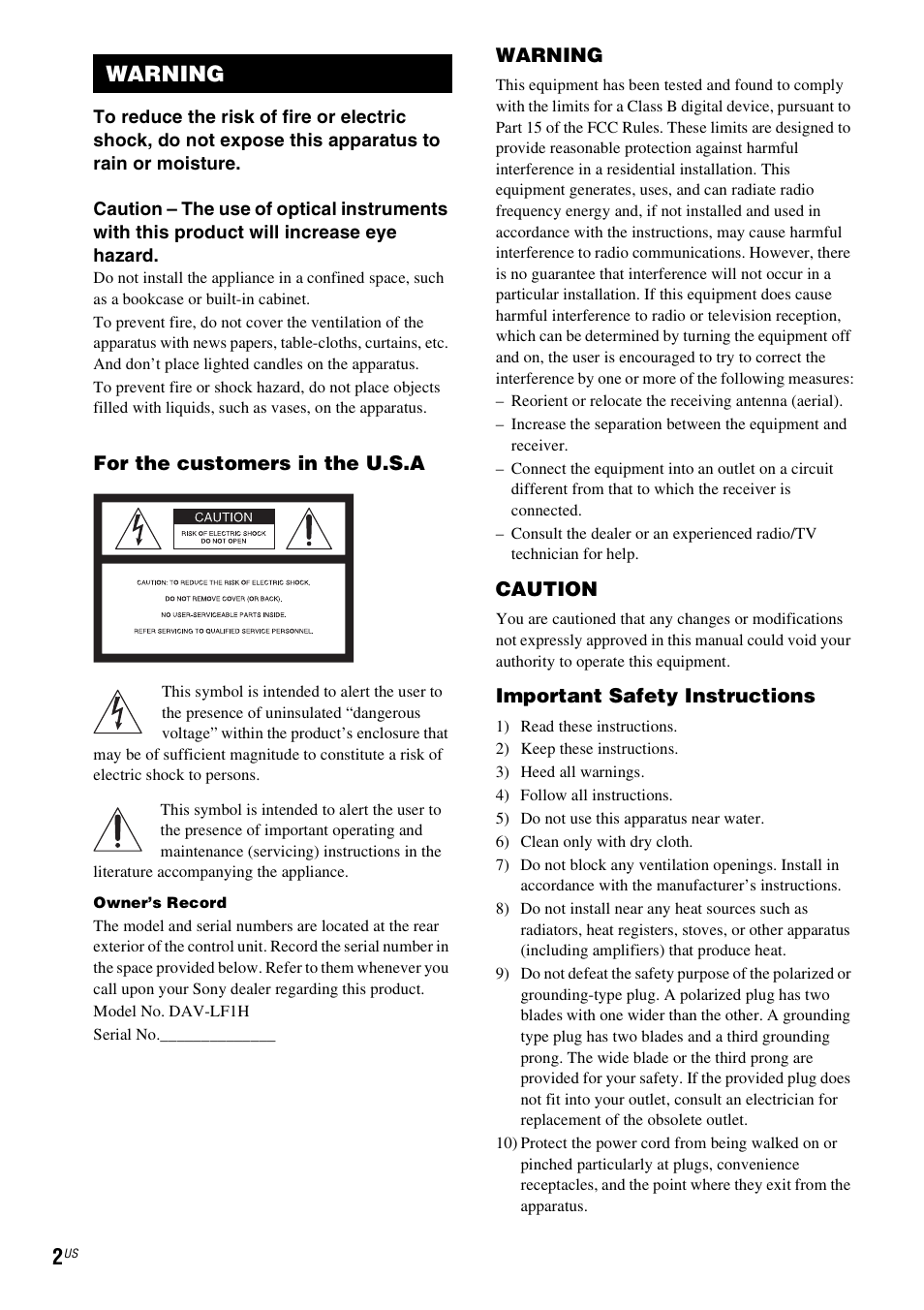 Warning, For the customers in the u.s.a, Caution | Important safety instructions | Sony DAVLF1H User Manual | Page 2 / 127