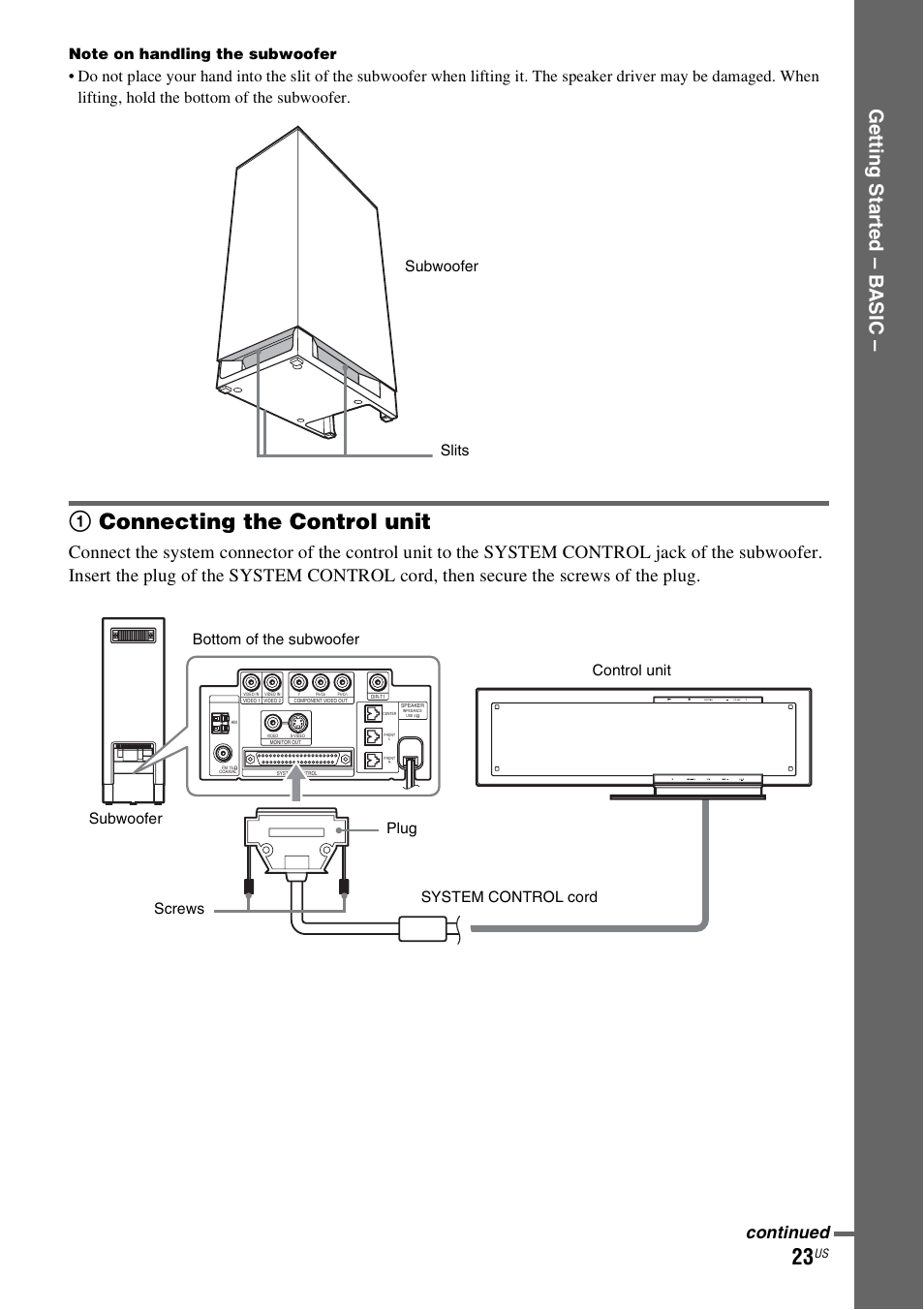 1 connecting the control unit, 1connecting the control unit, Ge tting star te d – b a sic | Continued, Slits subwoofer | Sony DAVLF1H User Manual | Page 23 / 127