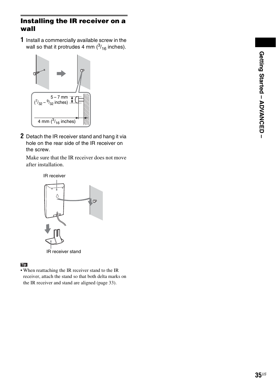 Installing the ir receiver on a wall, Installing the ir receiver on a wall 1, Ge tti ng sta rte d – ad v anced | Sony DAVLF1H User Manual | Page 35 / 127
