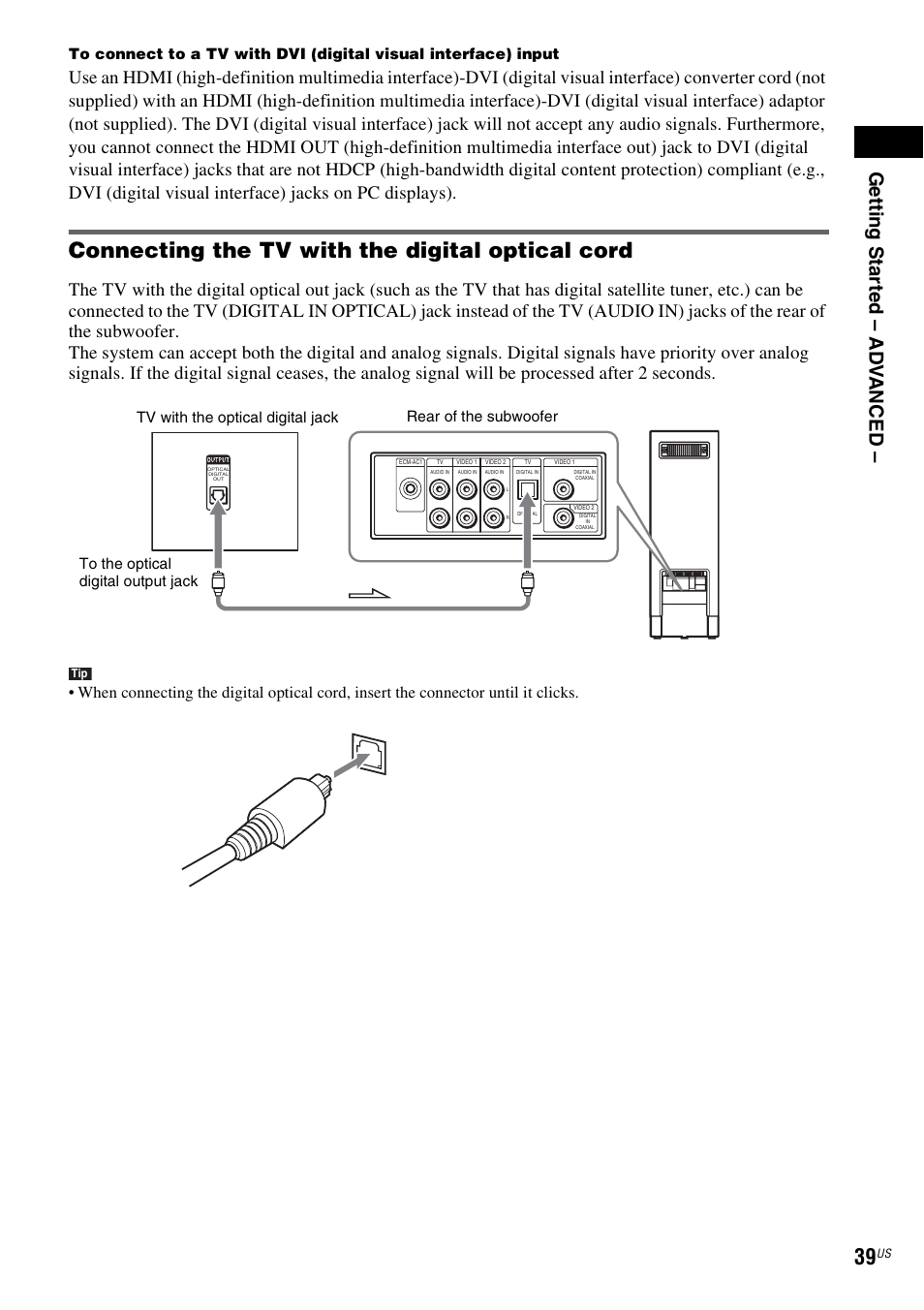 Connecting the tv with the digital optical cord, Ge tti ng sta rte d – ad v anced | Sony DAVLF1H User Manual | Page 39 / 127