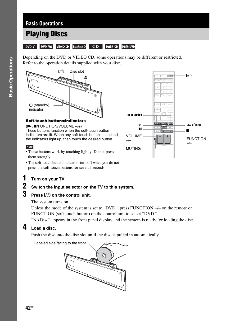 Basic operations, Playing discs | Sony DAVLF1H User Manual | Page 42 / 127