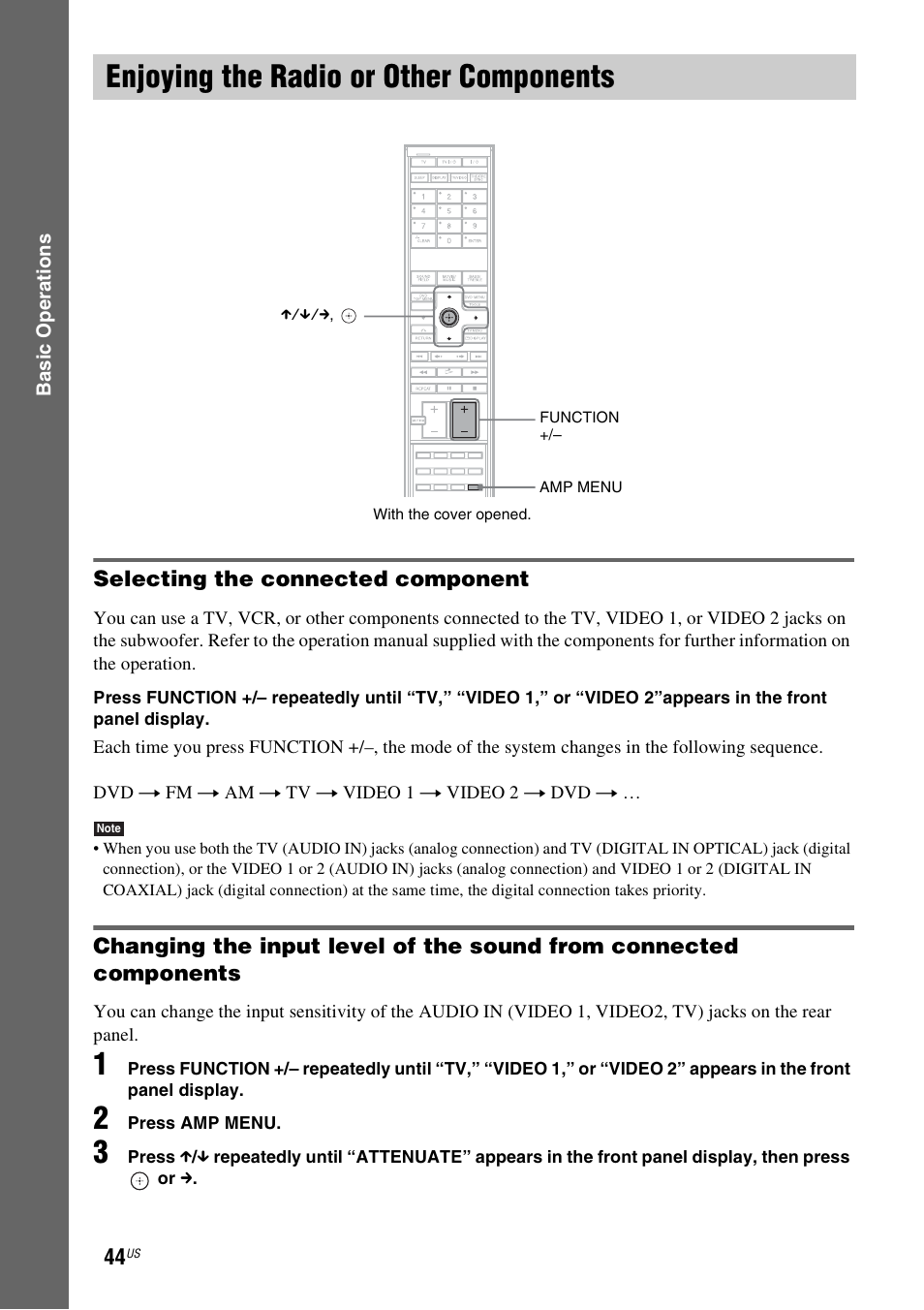 Enjoying the radio or other components, Selecting the connected component, Enjoying the radio or other | Components | Sony DAVLF1H User Manual | Page 44 / 127