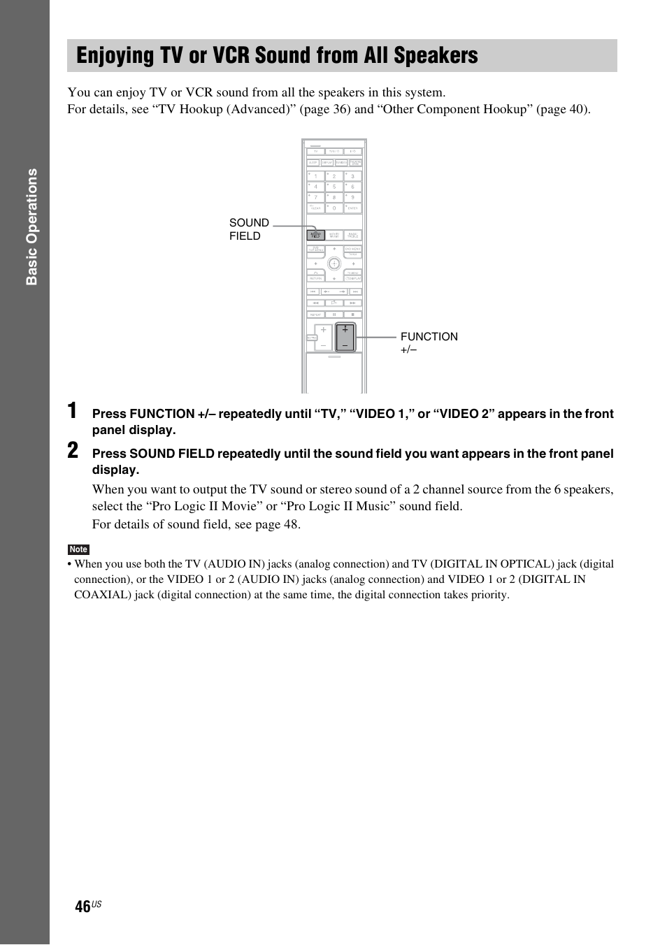 Enjoying tv or vcr sound from all speakers, Enjoying tv or vcr sound from all, Speakers | Sony DAVLF1H User Manual | Page 46 / 127