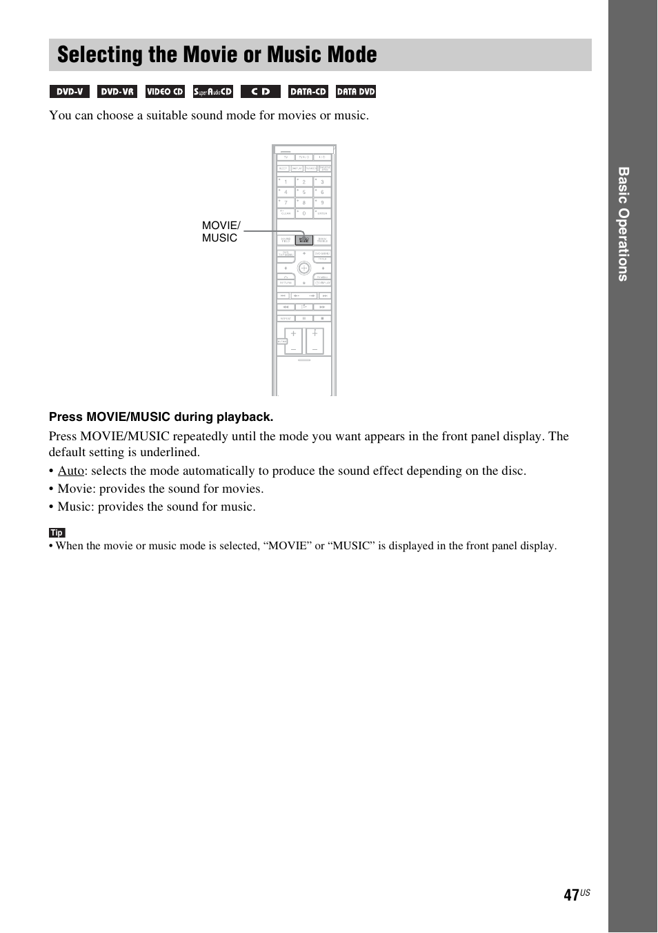 Selecting the movie or music mode, Selecting the movie or music, Mode | Sony DAVLF1H User Manual | Page 47 / 127