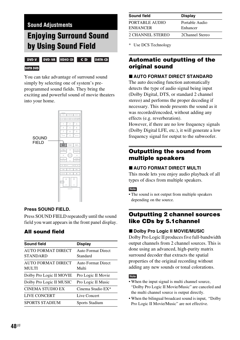 Sound adjustments, Enjoying surround sound by using sound field, Automatic outputting of the original sound | Outputting the sound from multiple speakers, Enjoying surround sound by using sound, Field | Sony DAVLF1H User Manual | Page 48 / 127