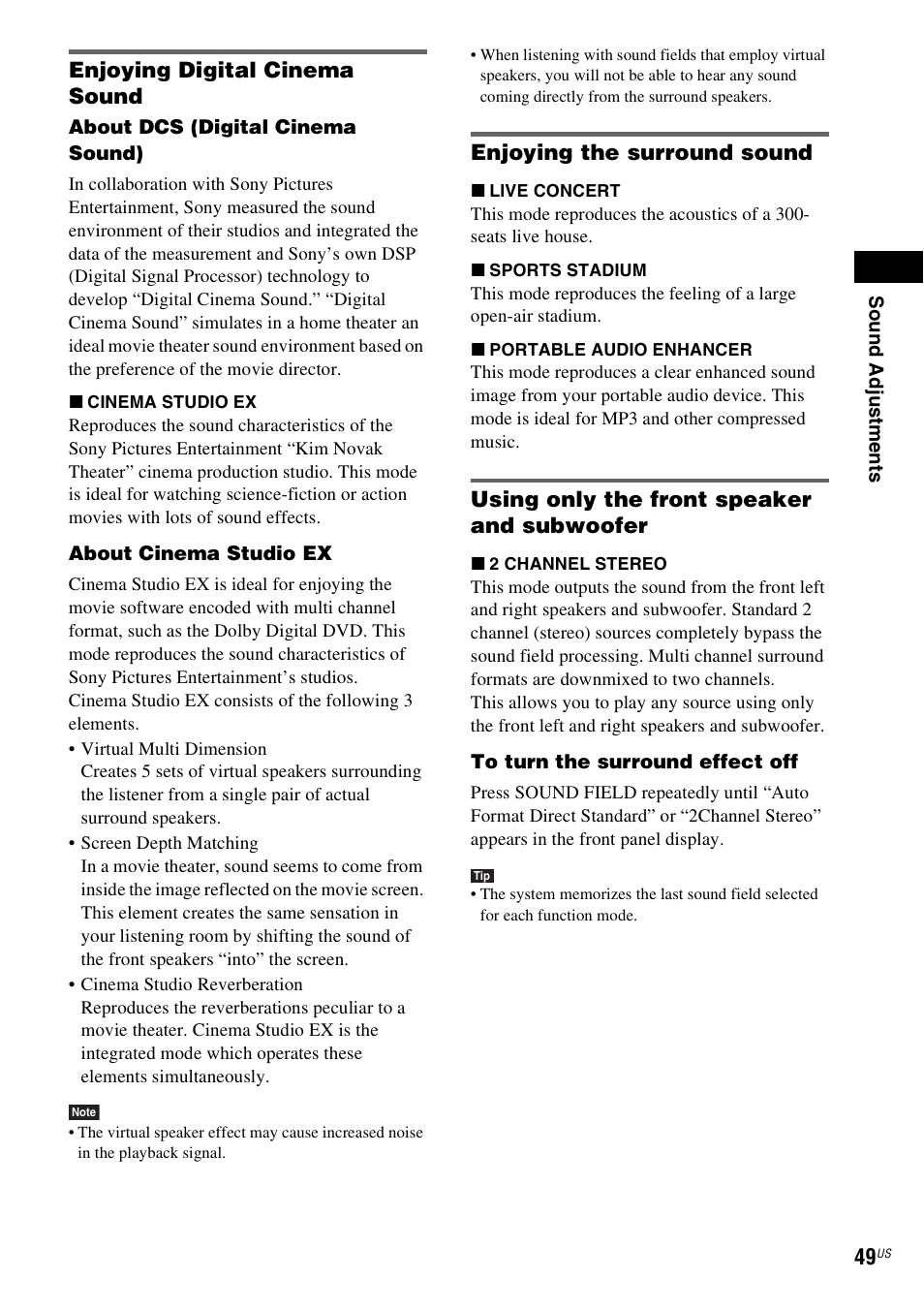 Enjoying digital cinema sound, Enjoying the surround sound, Using only the front speaker and subwoofer | Sony DAVLF1H User Manual | Page 49 / 127