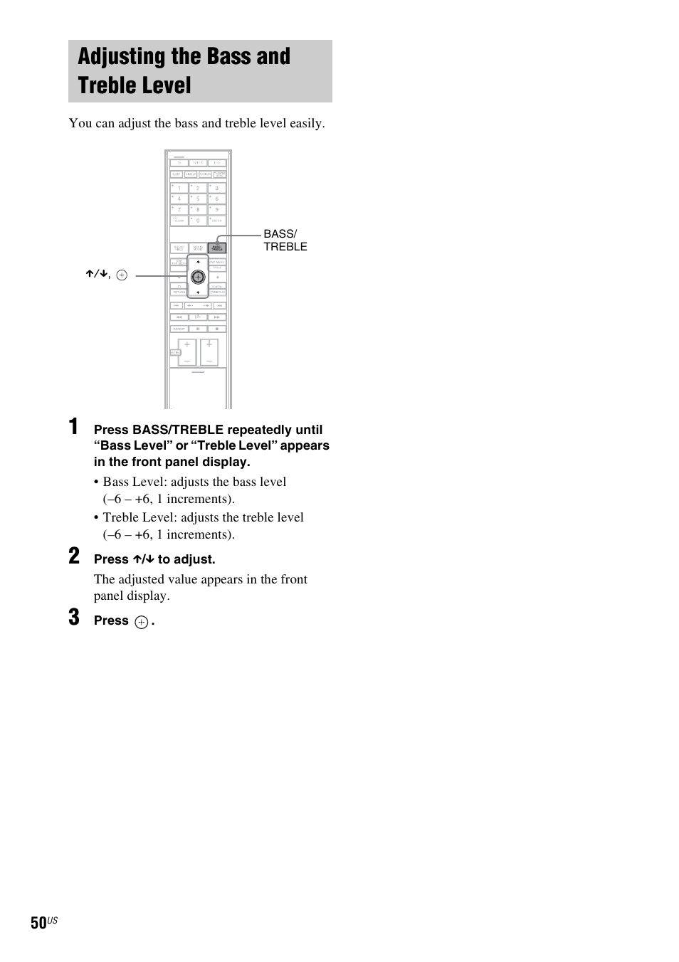 Adjusting the bass and treble level | Sony DAVLF1H User Manual | Page 50 / 127