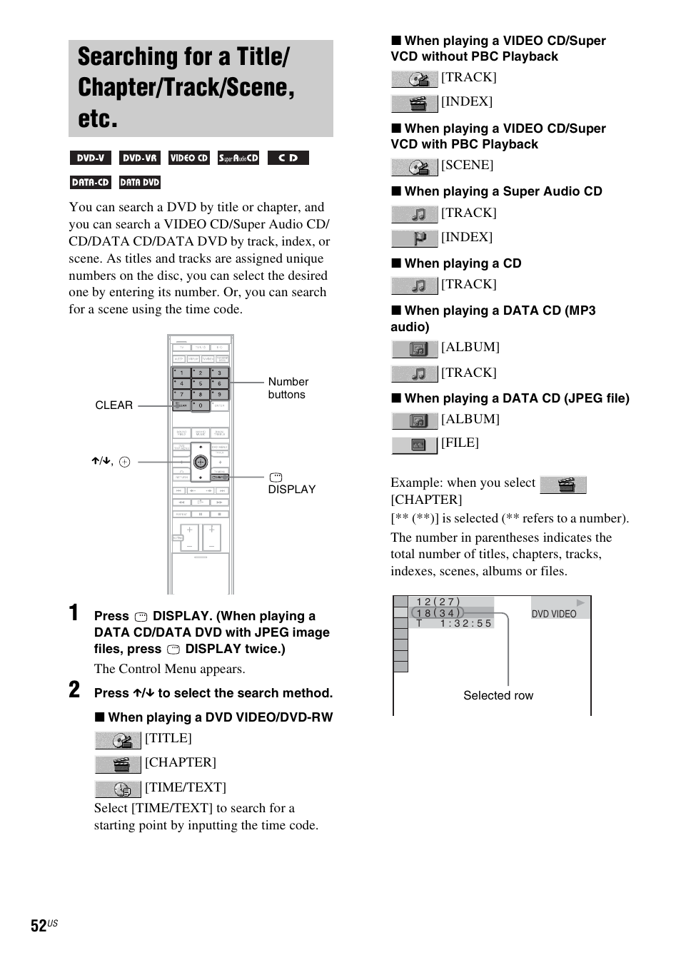 Searching for a title/ chapter/track/scene, etc, Searching for a title/chapter/track, Scene, etc | Sony DAVLF1H User Manual | Page 52 / 127