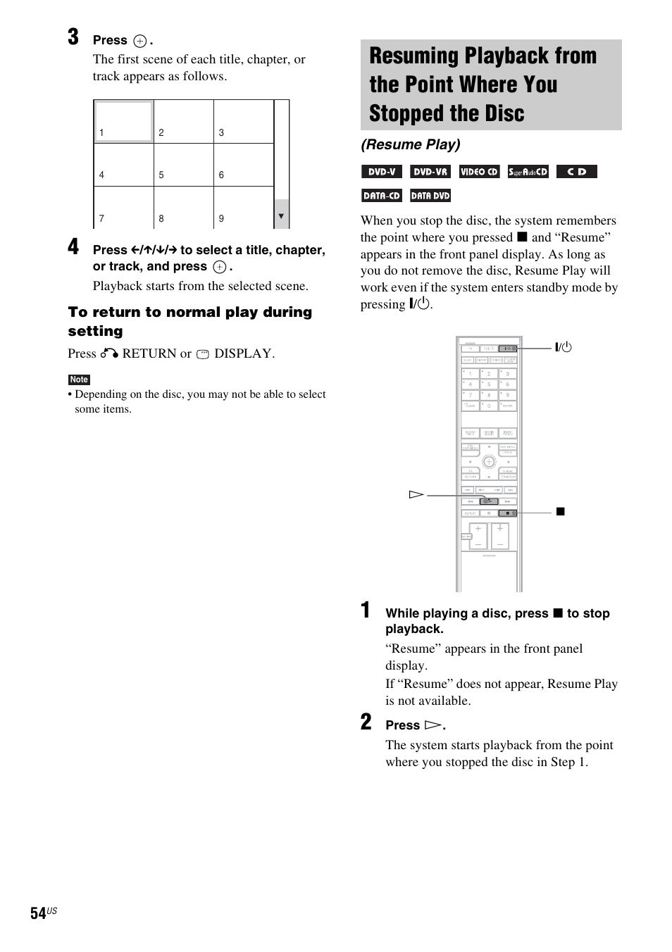 Resuming playback from the point where, You stopped the disc (resume play) | Sony DAVLF1H User Manual | Page 54 / 127