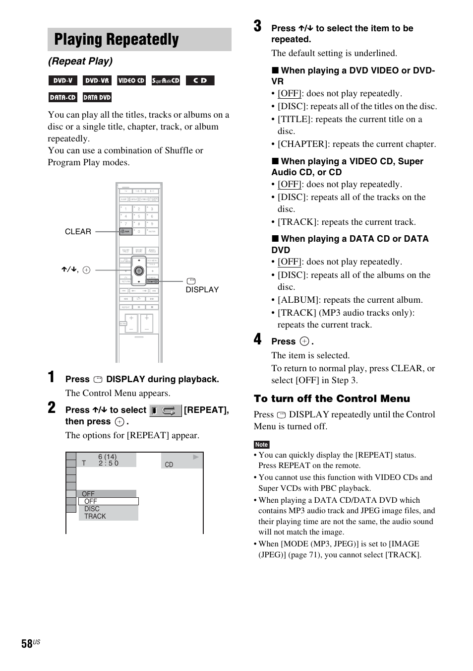 Playing repeatedly, Repeat play) | Sony DAVLF1H User Manual | Page 58 / 127
