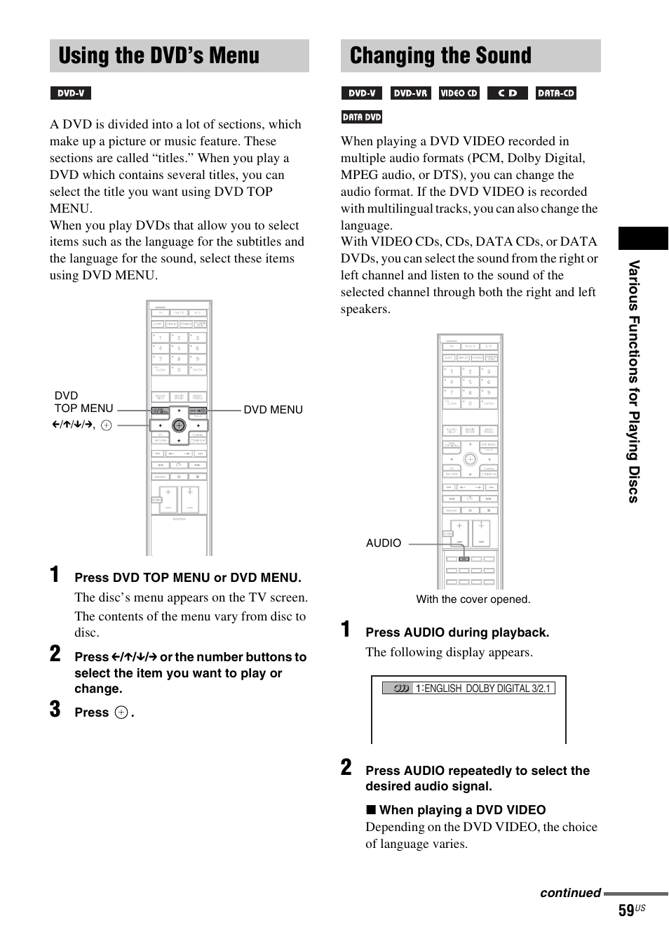 Using the dvd’s menu, Changing the sound, Using the dvd’s menu changing the sound | Sony DAVLF1H User Manual | Page 59 / 127