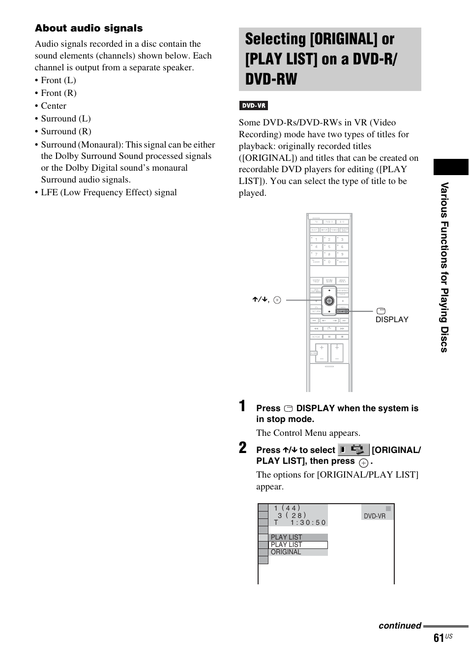 Selecting [original] or [play list, On a dvd-r/dvd-rw | Sony DAVLF1H User Manual | Page 61 / 127